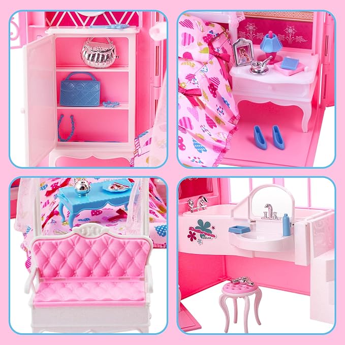 deAO Doll Houses Portable Backpack for Girls Toy House Baby Dollhouse Bedroom Furniture for 3 to 8 Years Olds Toddler Kids…