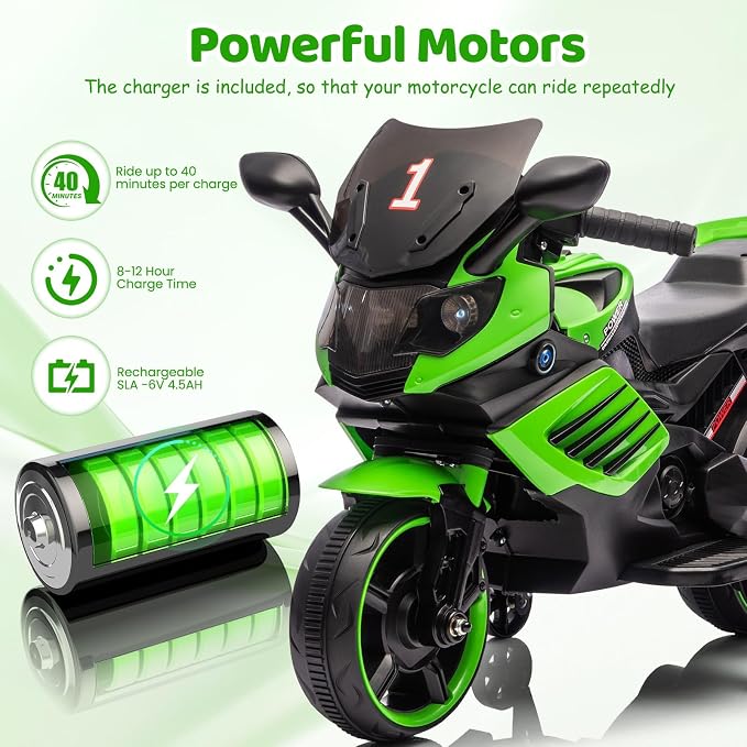 GarveeLife 6V Kids Motorcycle, Electric Ride On Car Toy with Training Wheels, Working Headlight, Horn & Music, Battery Powered Ride On Motorcycle Toy for Toddler Kids Boys Girls Ages 3-5, Green