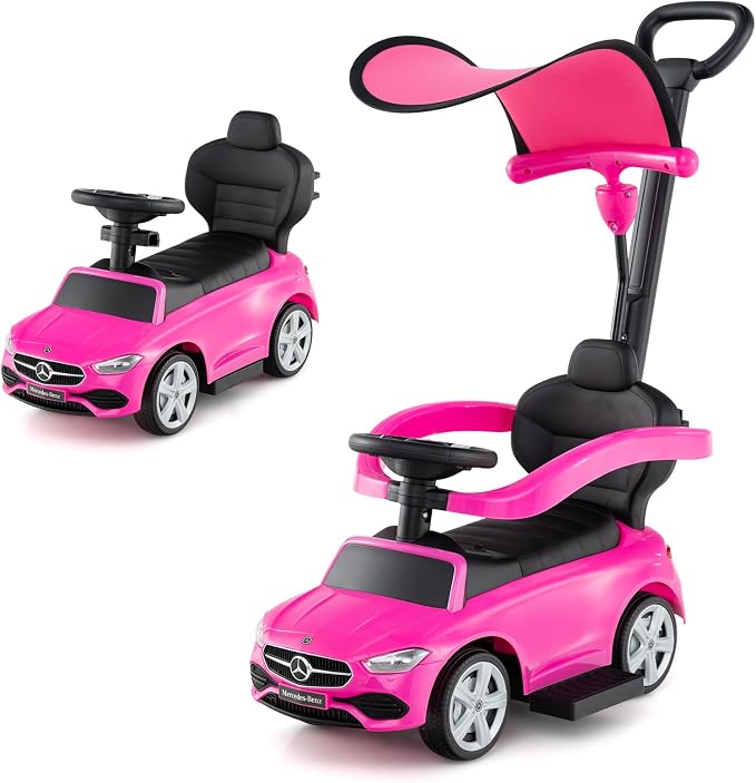 Costzon Push Car for Toddlers, 3 in 1 Mercedes Benz Stroller Sliding Walking Car w/Canopy, Handle, Safety Bar, Horn Sound, Underneath Storage, Foot-to-Floor Ride On Toy for Boys & Girls (Pink)