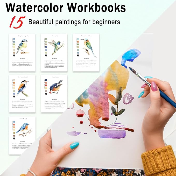 Watercolor Workbooks Birds, 15 Beautiful Paintings for Water Color Book Adult, Watercolor Coloring Book for Beginners, Watercolor Workbook for Adults Teens (Without Palette, Birds)