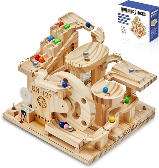 Losbenco Wooden Marble Run Electric Motorized, Electric Model Kit Marble Run Brain Teaser Wooden Puzzles Building Toy, 3D Wooden Puzzles for Adults and Kids to Build