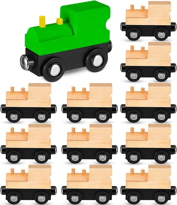 Halloscume 12 Pcs Unfinished DIY Wooden Trains Magnetic Unpainted Wooden Train Cars Toys for Railway Paint Project, Birthday Party Decorations Back to School Crafts Gifts Supplies (Classic)