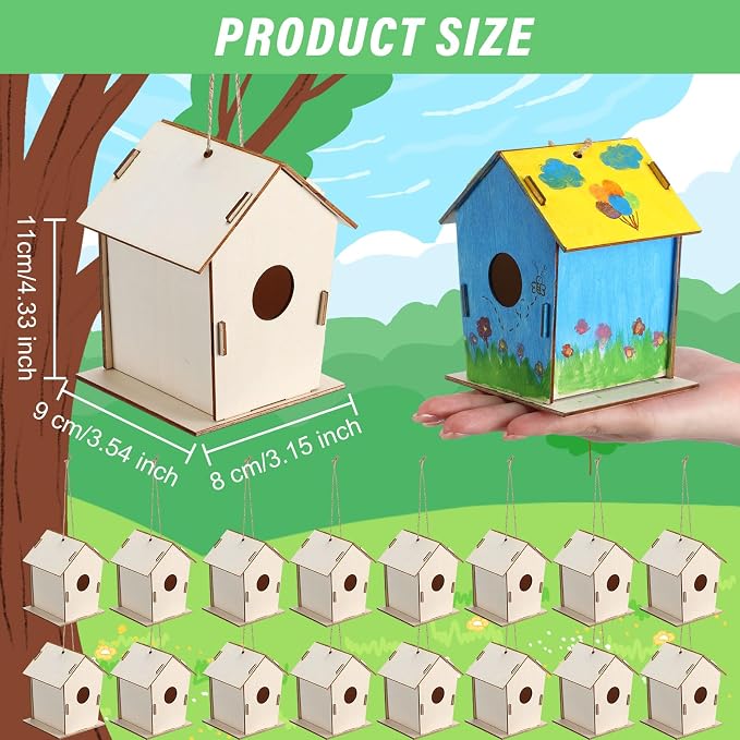 DoubleFill 12 Pcs 4.33" Wooden Bird Houses Crafts Kit for Kids DIY Unfinished Hanging Birdhouse for Art Painting Wood Toys Boy Girl Class Back to School Classroom Project Parties Creative Activity