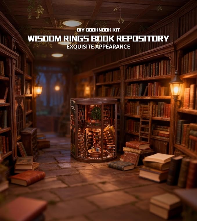 Roroom DIY Miniature House Kit, Wisdom Rings Book Repository Book Nook Kit with LED Light,3D Wooden Puzzle Miniature Dollhouse Kit for Bookshelf Decor-Creative Gift for Family and Friends