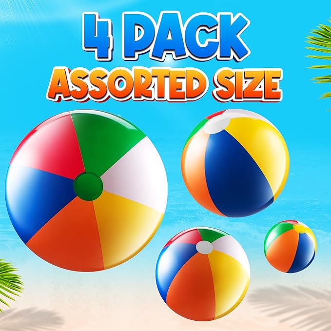 4-pcs Assorted Sizes Inflatable Beach Balls - Small & Large Rainbow Beach Balls For Kids In 6", 12", 16", 24" Sizes - Colorful Blow Up Pool Toys For Beach Games, Summer Party Decoration & Outdoor Fun