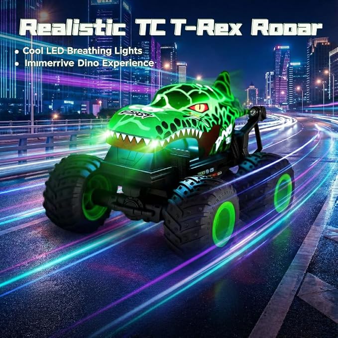 Remote Control Dinosaur Car for Boys 4-7 8-12, Sturdy 1:20 Scale RC Monster Truck with LED Lights Roar Sound, 2.4GHz All Terrain Off Road Toy, Birthday (Green)