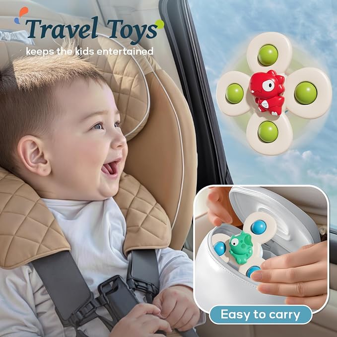 Baby Dinosaur Suction Cup Spinner Travel Toys for Kids Ages 1-3, Fidget Spinner Toys for 1 Year Old Boy Girl 12 Months, Sensory Bath Toy for Toddlers Infants Birthday Gifts