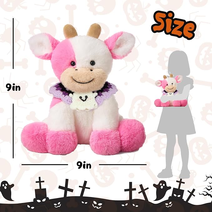 Hopearl Adorable Halloween Plush Cow Toy with Knitted Cute Ghost Bib Floppy Kawaii Dairy Cattle Soft Stuffed Animal Gifts for Boys Girls Kids Toddlers, Pink, 9''
