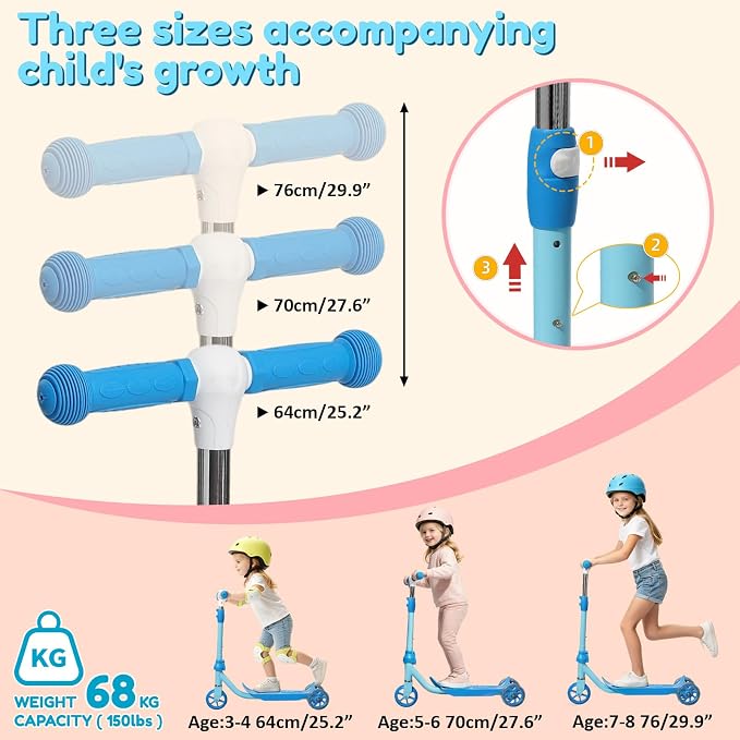 Three Wheel Scooter for Kids 2-5, Light Up Princess Scooters with Handleber-Steer, Adjustable Height Kick Scooters for Boys & Grils, Indoor and Outdoor Use