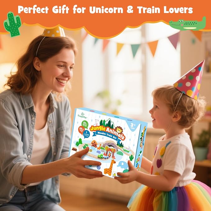SIMPLIPLAY 45PCS Jungle Wooden Train Set with Safari Figures, Crash Barrier | Montessori Train Tracks for Toddlers 3-5 with Bridge & Wooden Safari Animal Toys, Gifts for 3 4 5 Years Old Girls & Boys