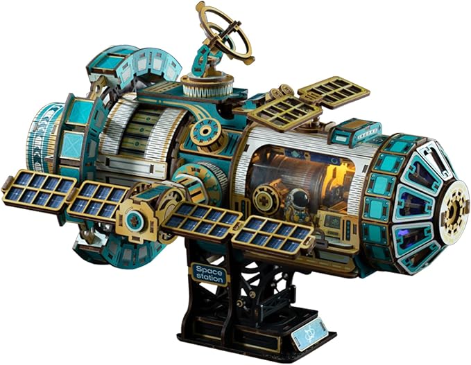 3D Wooden Puzzles International Space Station Model - Collectible Display Model with Interlocking Design, Motorized Solar Panels, Radar & Thrusters, LED Light Effects(Celestigon Station)