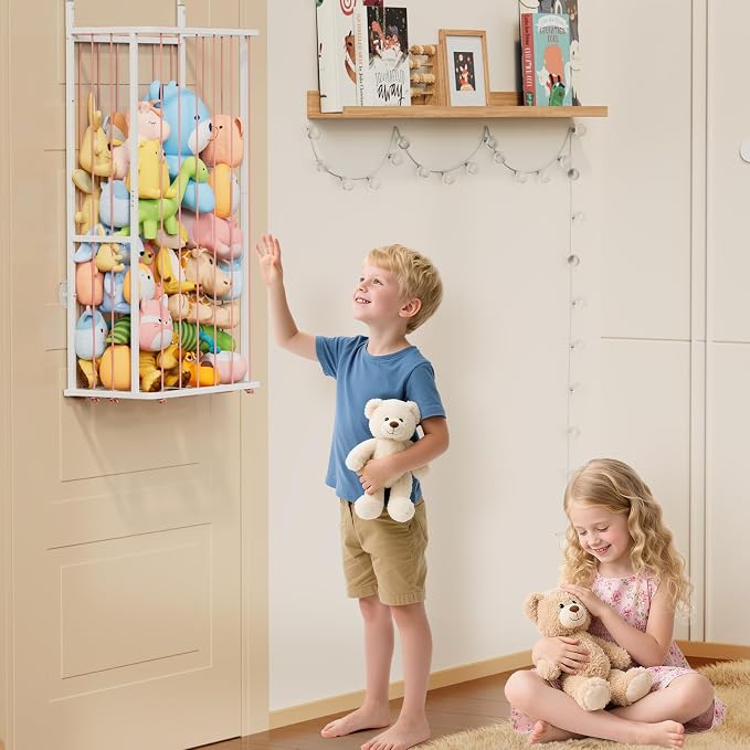 SWTYMIKI Hanging Stuffed Animal Storage - Over Door Large Plush Toy Organizer, Wall Mounted or Corner Stuffie Storage for Nursery, Doll & Bear Plush Organizer for Kid Room Bedroom (Pink, 2-Tier)