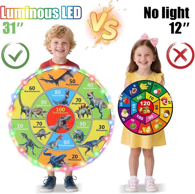 30 Inch LED Dart Board Kids Game,12PCS Sticky Balls,Indoor/Outdoor Sports Carnival Games Yard Party, Suitable for 3 4 5 6 7 8 9 10 Years Old Boys and Girls Birthday Gifts Dinosaur Toys