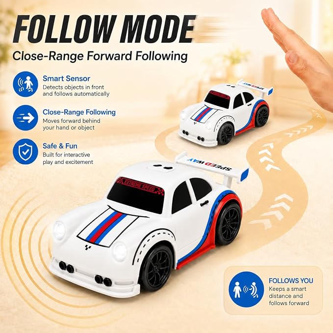 BYTEWAR 3-in-1 Smart RC Car, Smart-Follow RC Drift Car with One-Key Auto Showcase Simulated Sounds and Headlights,USB-C Rechargeable, Kids Toys for Age 3+