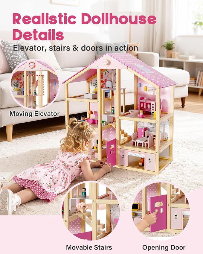 BIERUM Wooden Dollhouse for Girls, Large Pink Wooden Doll House with 39 Furniture Accessories, Elevator & Garage, 5 Rooms Modern Dollhouse for Toddlers, Pretend Play Toy Gift for Kids (Pink)