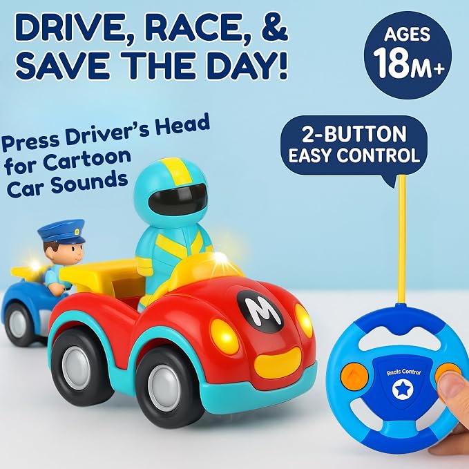 Liberty Imports My First Cartoon RC Remote Control Cars for Toddlers Ages 1-3, Radio Control Toy for Baby, Kids 18 Months+ (Race Car + Police Car)