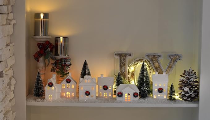 Mark Feldstein & Associates Holiday Wreath Village with Trees, White Unglazed Porcelain LED Christmas Figurines, 18 Piece Set