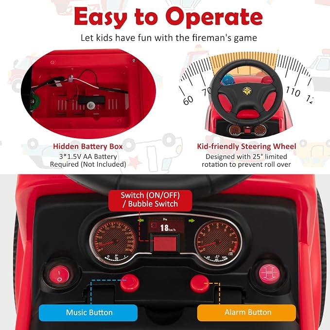 HONEY JOY Ride On Push Car with Bubble Maker, Fire Engine Push Cars for Toddlers w/Horn, Music, Lights, Under Seat Storage, Foot-to-Floor Ride On Fire Truck Toy for Kids Boys Girls, Red