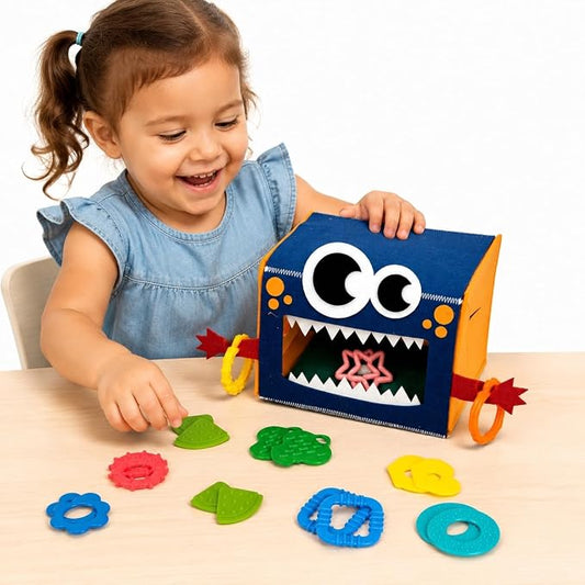 edusense Monster Feed Me Sensory Shape Sorter — 20 Washable Silicone Shapes | Fine Motor Feeding Toy for Toddlers 3+ | Occupational Therapist Designed Sensory Play for Home & Classroom