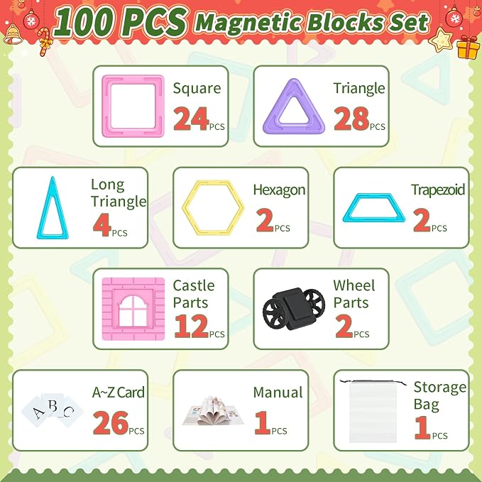Rurvale 100Pcs Magnetic Tiles, Magnet Blocks for 3 4 5 6 7 8 Year Old Boys Girls, Learning Educational STEM Toys for Toddlers 3-5, 4-8, Building Blocks for Kids Ages 3+ Birthday Gifts