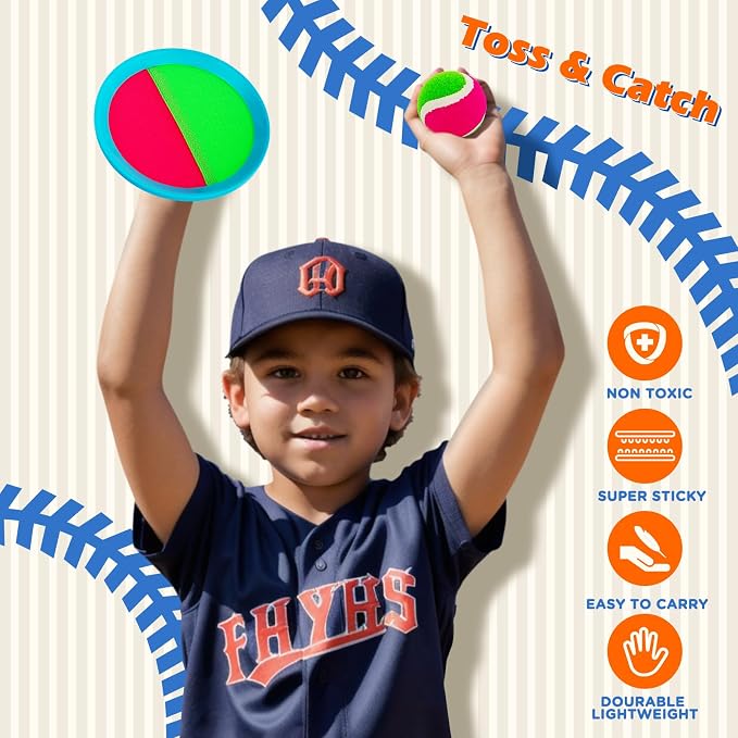Toss and Catch Ball Game Outdoor Toys for Beach Pool Yard Camping, Outside Games for Kids Ages 3-12 & Family, Boys Birthday Gift, 6 Paddles 3 Sticky Balls & Carry Bag