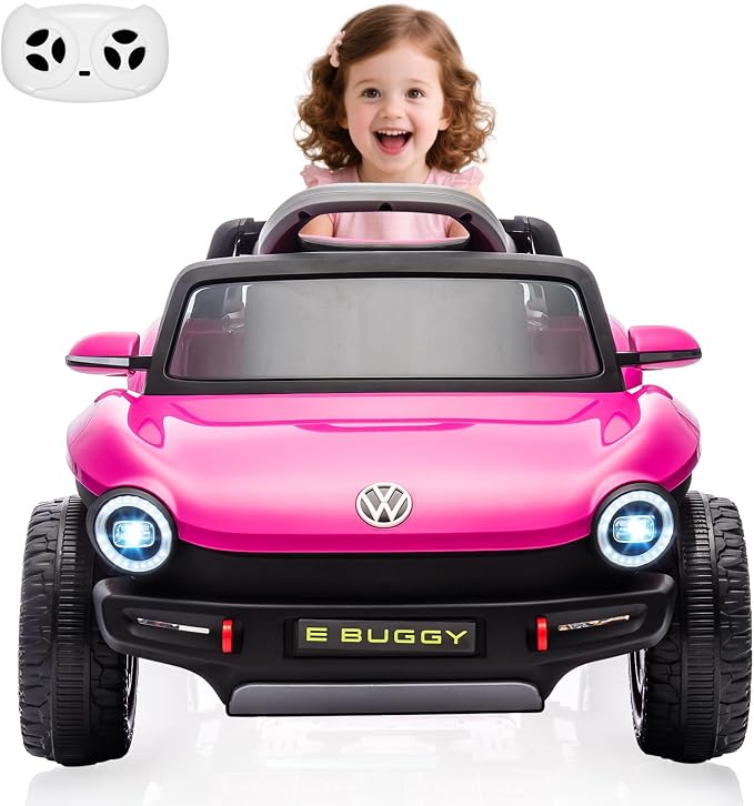 GarveeLife 12V Kids Ride On Car Licensed Volkswagen Beetle Electric Ride On Toy for Toddlers 4 Wheeler Vehicle with Parental Remote, Battery Level Display, LED Lights, USB, Horn, Music, Pink