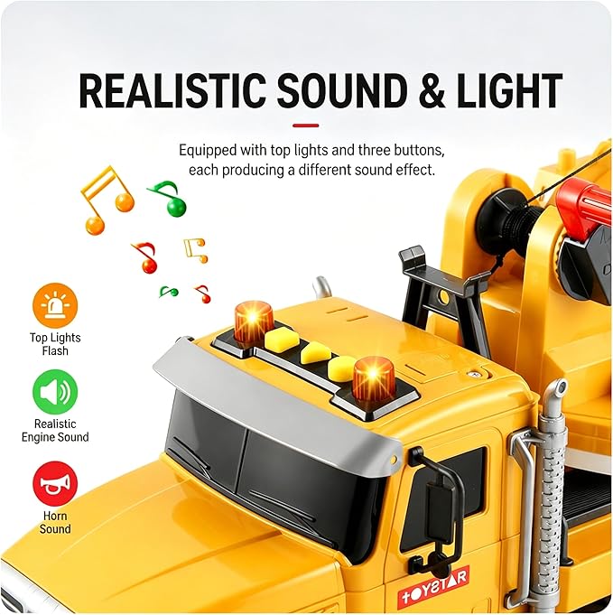 14" Yellow Large Crane Truck Toy,Tow Truck Toy,Construction Trucks for Boys Girls 3 4 5 6 7 8 Years Old,with Lights & Sounds,Holiday and Birthday Gift
