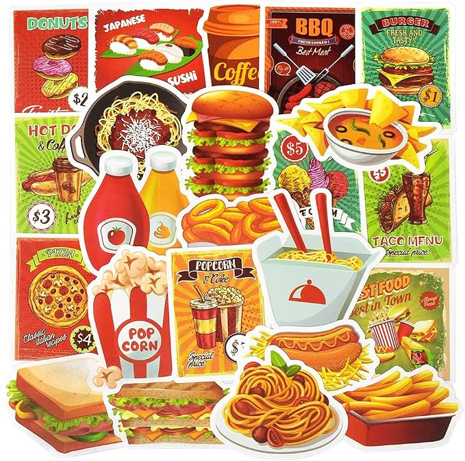 QTL Food Stickers for Kids, Cute Food Party Supplies, Waterproof Vinyl Stickers for Water Bottles and Laptop, 50PCS