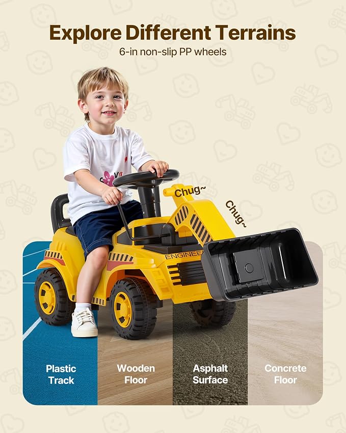 VEVOR Ride On Toddler Car, Ride on Excavator Car for Toddler 19 to 36 Months, Excavator Bulldozer Digger Toy with Under-seat Storage & Music, 55 lbs Load Capacity, Foot-to-Floor Walker for Kid, Yellow