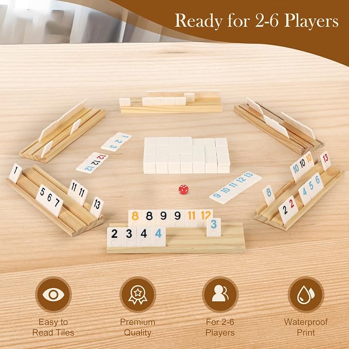 2-6 Players Rummy Game Gifts for Men Women Father Mother, Rummy Game W/ 6 Wooden Racks, 160 Melamine Tiles, Drawstring Bag, Portable Case, Family Board Games for Adults & Kids Age 8+
