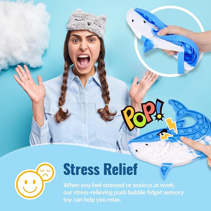 Shark Pop Fidget Toy for Kids & Adults, 8.74"x7.87" Large Silicone Sensory Bubble Toy for Stress Relief & Focus, Tie-Dye Blue Push Popper for ADHD Autism Anxiety, Reusable & Washable Press Toy