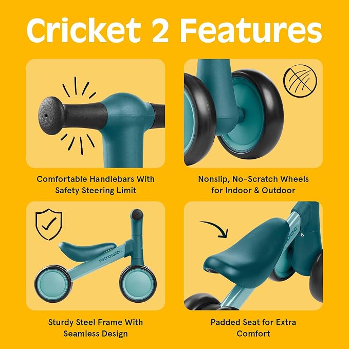 Retrospec Cricket 2 Baby Walker Balance Bike with 4 Wheels - Safe Learning Toy for Ages 12-24 Months - Scratch-Resistant Indoor Outdoor Toddler Riding Toy with Steering Limit & Soft Grips