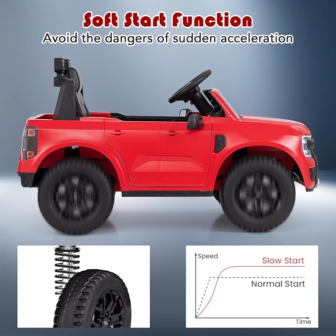 Licensed Ford Ranger Ride on Pickup Truck by INFANS, 12V Battery Powered Electric Vehicle for Kids with Remote Control, Headlight, Power Display, Bluetooth, MP3, Music, Aged 3-6 Years (Red)