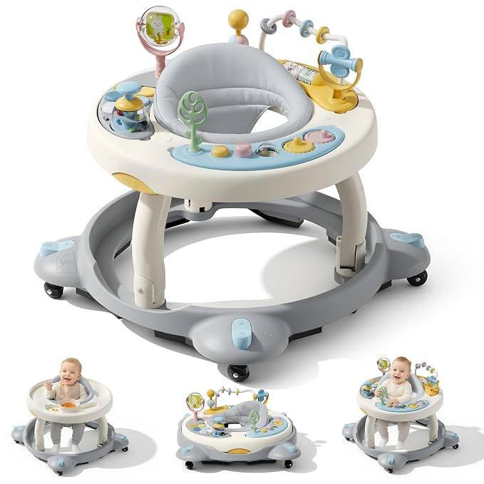 Baby Walker with Wheels, Foldable Baby Walker for Baby 6-12 Months, 3-Position Rotating Seat with Interactive Activity Center, Music Buttons, Baby Walkers for Boys Girls(Blue)