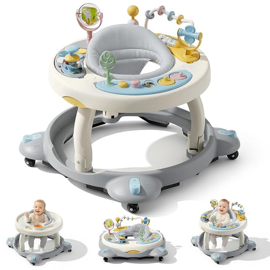Baby Walker with Wheels, Foldable Baby Walker for Baby 6-12 Months, 3-Position Rotating Seat with Interactive Activity Center, Music Buttons, Baby Walkers for Boys Girls(Blue)