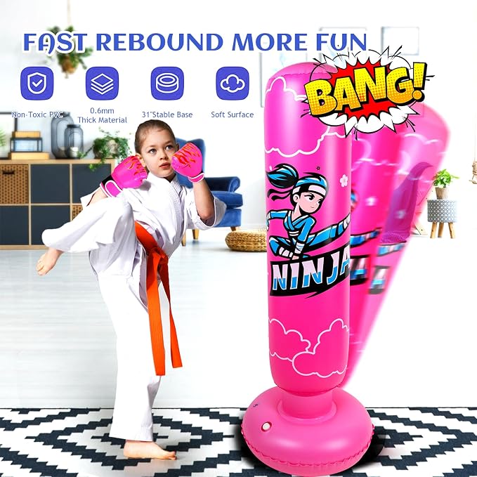 Onirii Kids Inflatable Punching Bag | Large Stable Kids Inflatable Boxing Bag Toy Set with Gloves for Boys & Girls Age 3-12 for Taekwondo,MMA and Practicing Karate