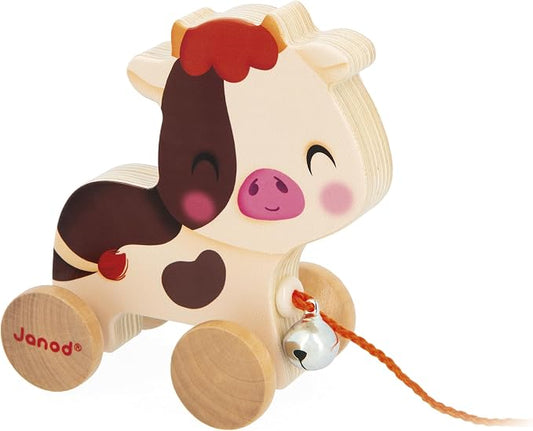 Janod - Wooden Ride-On Cow with Bell - Pull-Along and Push-Along Toy - Motor Skills & Imagination Training - 50cm String Suitable for Small Hands - from 12 Months, J03324