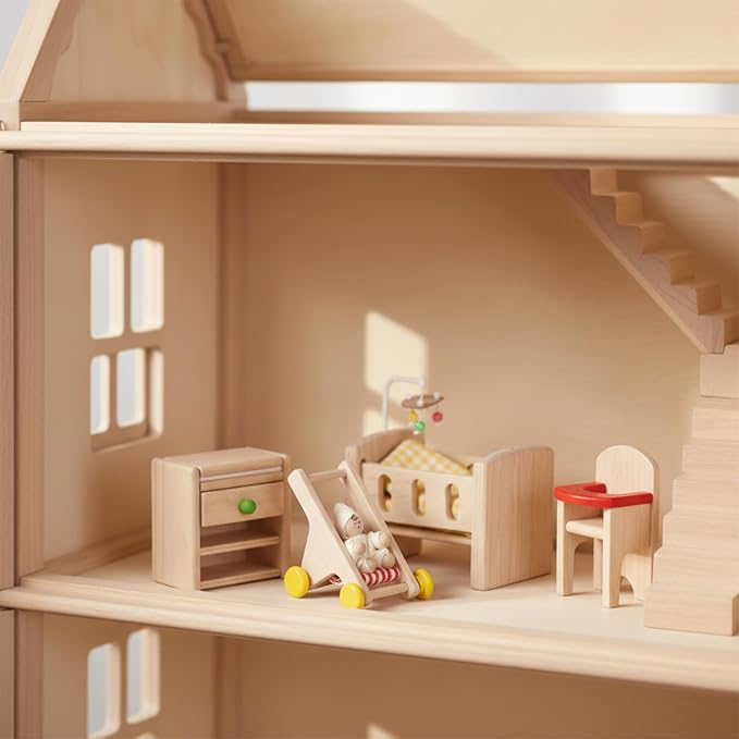 PlanToys® Wooden Nursery Dollhouse Furniture Set for Kids | Montessori Small World and Caregiving Pretend Play | Eco Friendly Wooden Dollhouse Baby Room Set for Imaginative Play