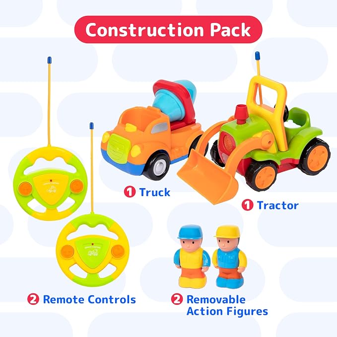 PREXTEX 2 Pack Remote Control Cars for 3-5 Year Old Boys - Truck and Tractor Toddler Toys with Easy Controllers - Sound and Light Play Features - Fun Birthday Gift Toy for Kids