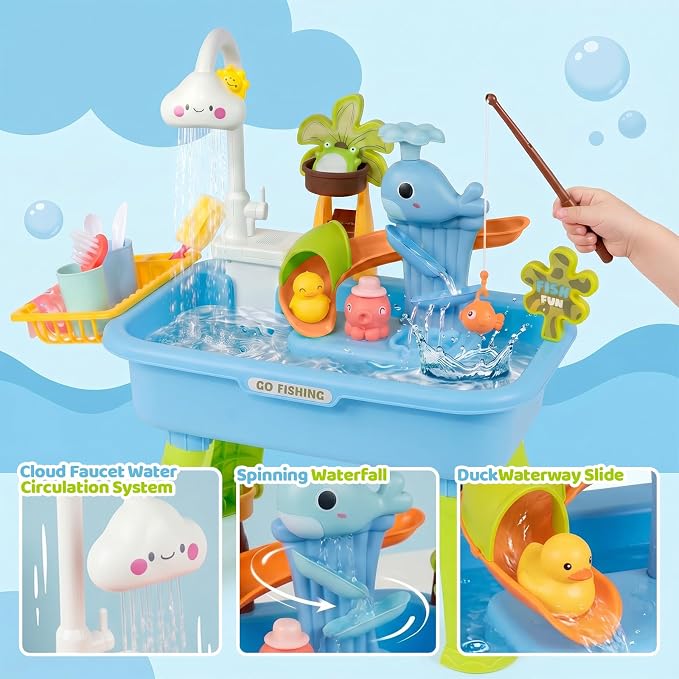 Upgraded Toddler Sand Water Table with Electric Water Pump - 4-in-1 Outdoor Play Center with Faucet, Play Food & Fishing Game - Kitchen Sink Toys for Boys Girls Age 3+ (Blue)