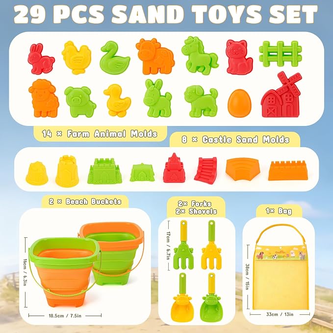 Dreamon 29PCS Beach Toys for Kids – Collapsible Beach Buckets, Shovels, Rakes & Animal Sand Molds with Mesh Bag – Farm Travel Sand Toys Sandbox Toys for Kids Ages 4-8