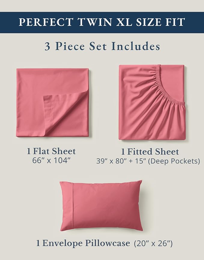 LANE LINEN Twin XL Sheets 100% Organic Cotton Cooling Soft - Mineral Red | Organic Cotton Percale Twin XL Sheet Set - For Hot Sleepers, All-Season Comfort, For Dorms & Adjustable Beds