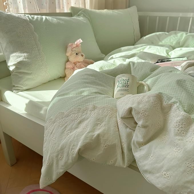 LifeTB Green Gingham Comforter Set Full Size Princess Lace Style Vintage Plaid Checkered Comforter Chic Gingham Farmhouse Bedding Set Lightweight Fluffy Soft Green Plaid Grid Comforter Set Full
