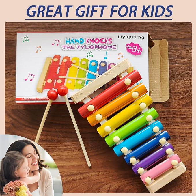 Xylophone for Toddlers, Baby Xylophone with 2 Safe Wooden Mallets and 8 Diatonic Keys, Toddler Musical Instruments Toys for Educational & Preschool Learning