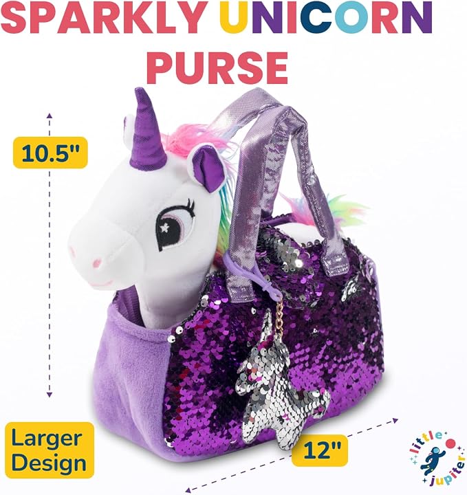 Little Jupiter Plush Pet Set w/Purse - Stuffed Animals for Girls - Unicorn Plush - Stuffed Plushies - Gift for Age 4-5 - 6-7 yrs (White Unicorn)