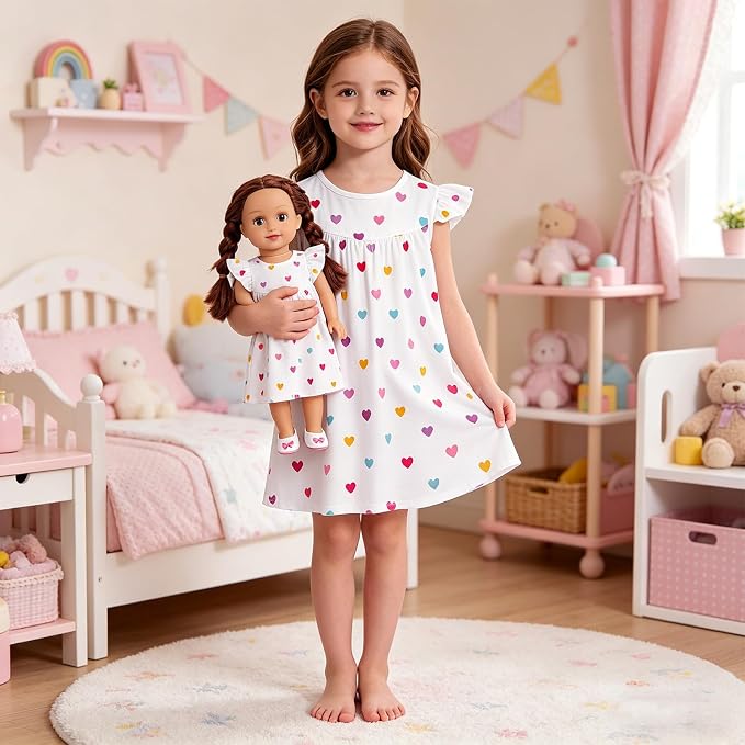 AmzBarley Matching Doll & Girl Pajamas Girls Nightgowns Sleepwear Night Dress for Kids and 18 inch Doll Clothes