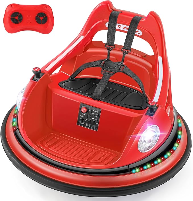 ELEMARA Kids Bumper Car, 1.9mph Max, 12V Electric Car for Toddlers, 360°Spin Bumping Car with Music, 5 Lighting Mode, DIY Stickers, Ride on Car with Remote Control, 2-Speed, 2 Driving Mode, Red