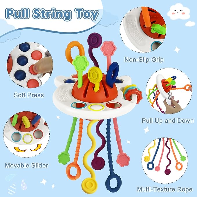 6 in 1 Montessori Baby Toys for 6-12 Months — Pull String Toy, Sensory Bin, Stacking Cups, Tissue Box, Suction Cup Spinner, Stacking Blocks, Infant Gift Set for 1-3 Year Old Boy Girls