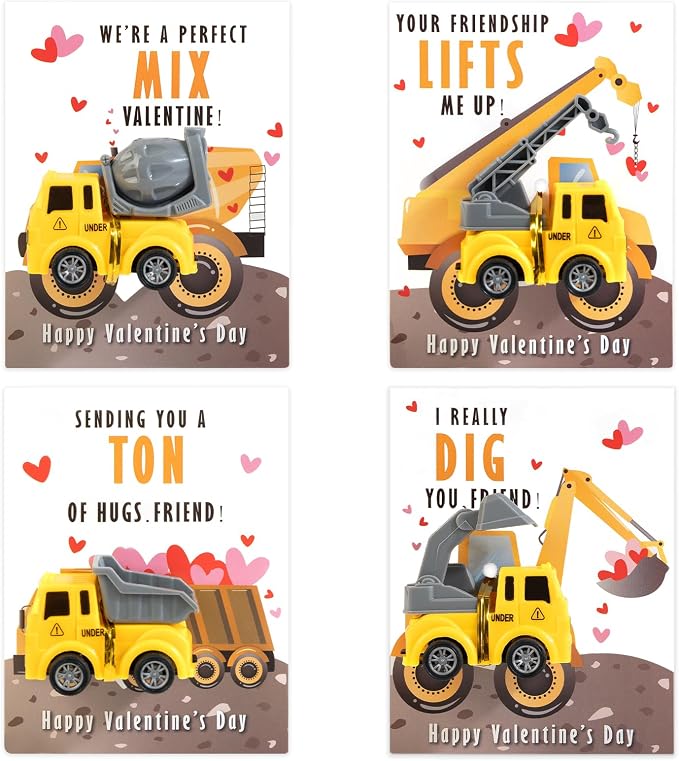 Thigreact Valentines Cards for Kids Classroom - Valentines Day Gifts for Kids - 24 Construction Vehicles Toys Card Bulk - Valentine Exchange Cards for Toddlers Boys School Party Favors