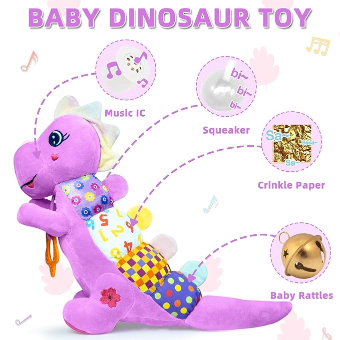 Baby Dino Musical Stuffed Animal Toys for 0-3-6-9-12 Months，Infant Dinosaur Tummy Time Toys with Crinkle Sound Paper,Teether，Textures & Rattles for Newborn Boys Girls Birthday Gifts，Purple